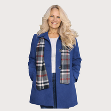 Load image into Gallery viewer, Blue Pea Coat with Plaid Scarf