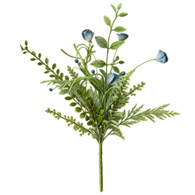 Load image into Gallery viewer, An artificial floral stem arrangement featuring green foliage, delicate fern-like leaves, small blue berries, and two blue flower buds on a plain white background.