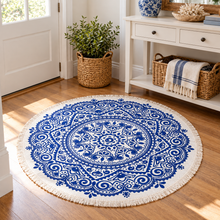 Load image into Gallery viewer, Blue & White Round Accent Rug – Mediterranean Mosaic Design, 35" 2