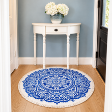 Load image into Gallery viewer, Blue & White Round Accent Rug – Mediterranean Mosaic Design, 35" 3