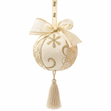 Load image into Gallery viewer, Cream & Gold Embroidered Fabric Christmas Ball Ornament with Tassel – 4"