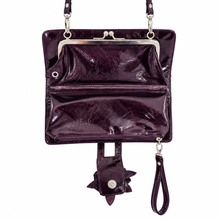 Load image into Gallery viewer, Deep Aubergine Purple Patent Floral Clutch & Shoulder Bag open