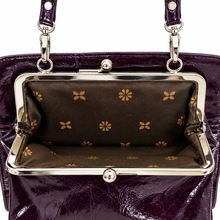 Load image into Gallery viewer, Deep Aubergine Purple Patent Floral Clutch & Shoulder Bag open 2