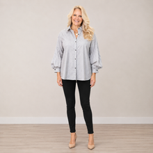 Load image into Gallery viewer, Elegant Striped Blouse with Puff Sleeves | Black & White back