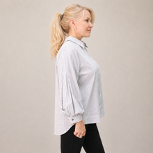 Load image into Gallery viewer, Elegant Striped Blouse with Puff Sleeves | Black & White side