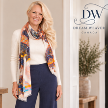 Load image into Gallery viewer, FRAAS Orange, Navy & Turquoise Medallion Modal Scarf DW with pants and sweater