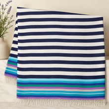 Charger l'image dans la galerie, Fraas Lightweight Cashmink Throw – Navy, Aqua & Lilac Stripe