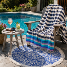 Charger l'image dans la galerie, Fraas Lightweight Cashmink Throw – Navy, Aqua & Lilac Stripe Lifestlye pool