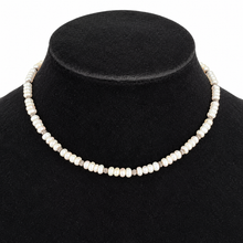Load image into Gallery viewer, Freshwater Pearl Choker Necklace with Ribbed Silver-Tone Beads – 15"