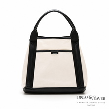 Charger l'image dans la galerie, Mia_Tote_Bag_Ivory_Canvas_Black_Vegan_Leather_Pixie_Mood