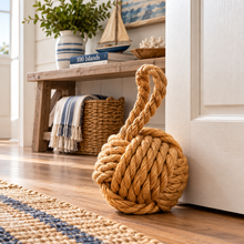 Load image into Gallery viewer, Nautical Rope Ball Doorstop – Rustic Coastal & Cottage Décor door