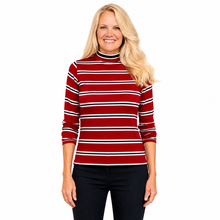Load image into Gallery viewer, Organic Cotton Striped Mock Neck Top | Red Navy Stripe