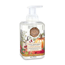 Load image into Gallery viewer, Michel Design Works Pumpkin Delight foaming hand soap in orange bottle with pumpkins and fall leaves — Dream Weaver Canada