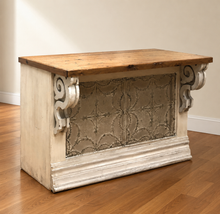 Load image into Gallery viewer, Reclaimed Farmhouse Store Counter | Antique Pine Top & Tin Front - side