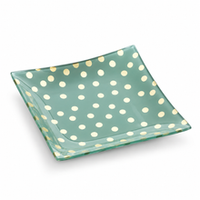 Load image into Gallery viewer, A square glass serving platter with a mint green base and a pattern of small gold polka dots, shown on a clean white background.