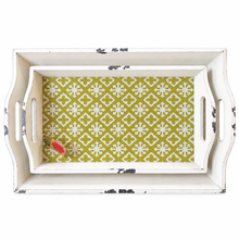 Charger l'image dans la galerie, Set of 2 Cream Distressed Wood Serving Trays – Olive Geometric Pattern
