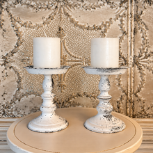 Charger l'image dans la galerie, Set of 2 Distressed Cream Pillar Candle Holders | French Country Shabby Chic | 7.5" 2