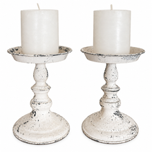 Charger l'image dans la galerie, Set of 2 Distressed Cream Pillar Candle Holders | French Country Shabby Chic | 7.5" 4