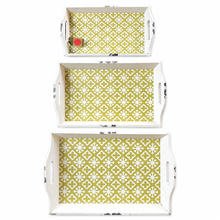 Charger l'image dans la galerie, Three distressed white wooden serving trays stacked vertically, featuring a yellow and white geometric pattern on the interior lining, set against a plain white background.