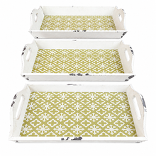 Charger l'image dans la galerie, Three distressed white rectangular serving trays stacked vertically, featuring a green and white geometric pattern on the interior lining.