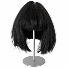 Charger l'image dans la galerie, A black bob wig with straight, blunt bangs displayed on a silver metal stand against a plain white background.