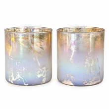 Load image into Gallery viewer, Smoky Iridescent Mercury Glass Candle Holders – 4.5" | Set of 2