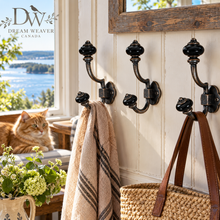 Charger l'image dans la galerie, Vintage-Style Double Wall Hook with Black Ceramic Knobs – Bronze Metal DW