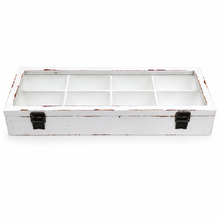 Charger l'image dans la galerie, A rectangular white wooden display box with a distressed finish, featuring a clear glass window lid divided into six compartments and two black metal latches on the front, set against a plain white background.