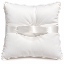 Load image into Gallery viewer, White Satin Wedding Ring Bearer Pillow with Crystal Accent – 7" x 7" back