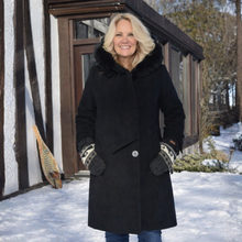 Load image into Gallery viewer, Black Dress Coat with Faux Fur Hood and Scarf