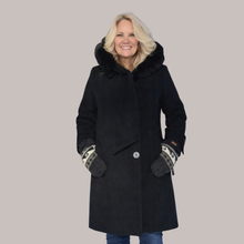 Load image into Gallery viewer, Black Dress Coat with Faux Fur Hood and Scarf