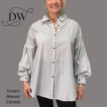 Charger l'image dans la galerie, Striped Blouse with Collar and Puffy Sleeves | Black & White