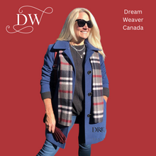 Load image into Gallery viewer, Blue Pea Coat with Plaid Scarf