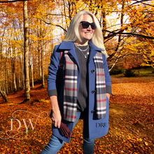 Load image into Gallery viewer, Blue Pea Coat with Plaid Scarf