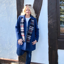 Load image into Gallery viewer, Blue Pea Coat with Plaid Scarf