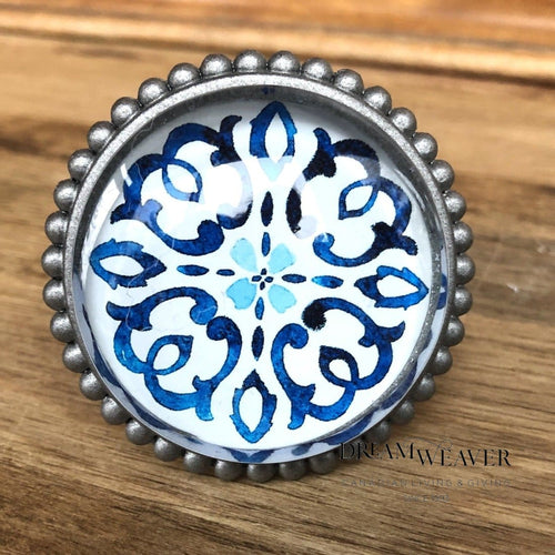 Large Pewter and Blue Pattern Drawer Pull