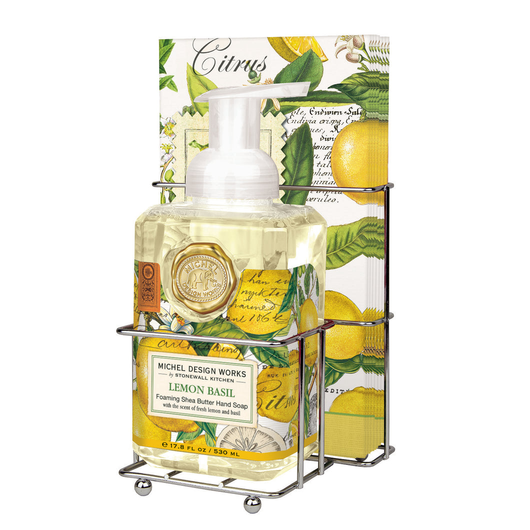 Lemon Basil Foaming Soap & Hostess Napkin Set | Michel Design Works