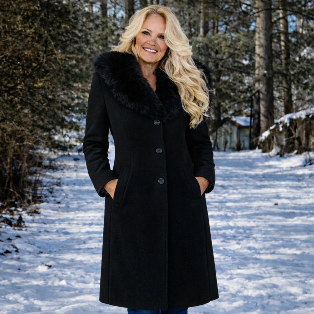 Black Dress Coat with detachable Faux Fur Collar