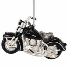 Load image into Gallery viewer, Black &amp; Silver Glass Motorcycle Christmas Ornament with Glitter – 5.5"
