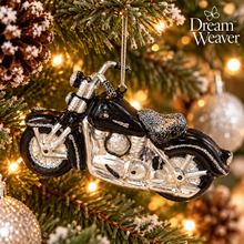 Load image into Gallery viewer, Black &amp; Silver Glass Motorcycle Christmas Ornament with Glitter – 5.5" DW

