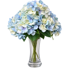 Charger l'image dans la galerie, A bouquet of light blue and white hydrangea flowers with green leaves and stems, arranged in a clear glass vase on a white background.
