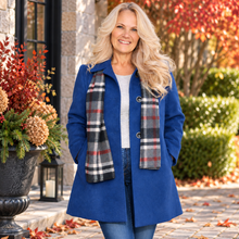 Load image into Gallery viewer, Blue Petite Pea Coat with Plaid Scarf – Size 8
