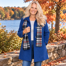 Load image into Gallery viewer, Blue Petite Pea Coat with Plaid Scarf – Size 8 DW
