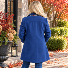 Load image into Gallery viewer, Blue Petite Pea Coat with Plaid Scarf – Size 8 back
