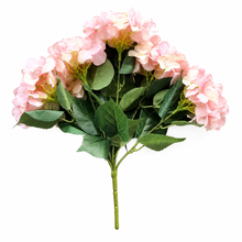 Load image into Gallery viewer, A single artificial pink hydrangea stem with green leaves and stems, isolated on a white background.
