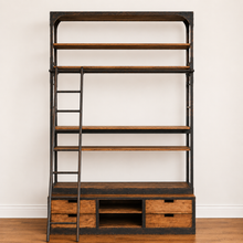 Load image into Gallery viewer, A rustic industrial shelving unit with a black metal frame, five wooden shelves, a built-in ladder, and a base cabinet with drawers, shown against a plain white wall and wood floor.
