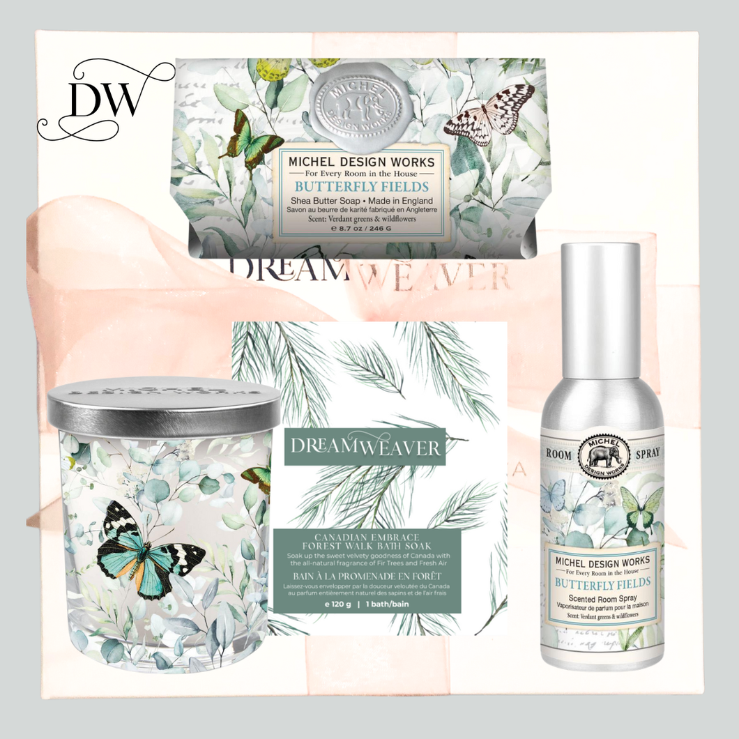 “Butterfly Fields Gift Box featuring Michel Design Works soap, room spray, candle, and Bathorium bath soak in soft botanical packaging.”