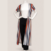 Load image into Gallery viewer, Mannequin wearing a long striped cardigan over a white top and black pants on a light gray background
