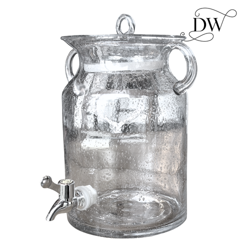 “Clear bubble glass drink dispenser with spigot and lid – ideal for mulled cider or festive punch from Dream Weaver Canada 