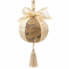 Load image into Gallery viewer, Cream &amp; Gold Embroidered Fabric Christmas Ball Ornament with Tassel – 4" Back
